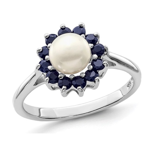 GEM AND HARMONY  Freshwater Cultured Pearl Ring With Sapphires In Sterling Silver In Blue
