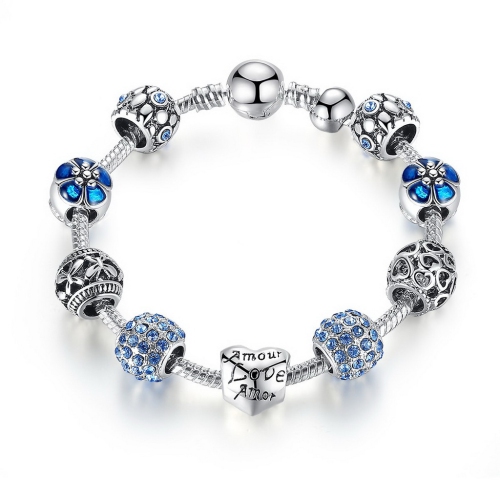 PAHALA Blue Luxury Love Folwer Eurpoean Chain with Crystals Charm Bracelet Bangles