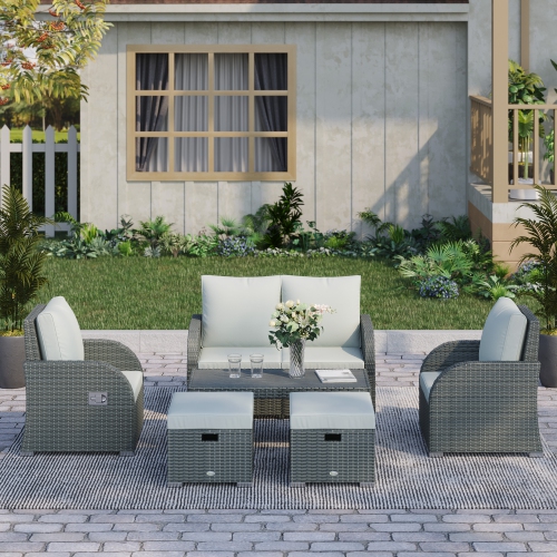 Outsunny Patio Furniture with Thick Cushions, 6 Pieces PE Wicker Patio Sectional Furniture Conversation Set with a Loveseat Sofa, 2 Recliner Chairs,