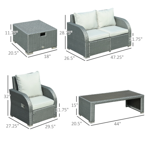 Outsunny Patio Furniture with Thick Cushions, 6 Pieces PE Wicker Patio Sectional Furniture Conversation Set with a Loveseat Sofa, 2 Recliner Chairs,