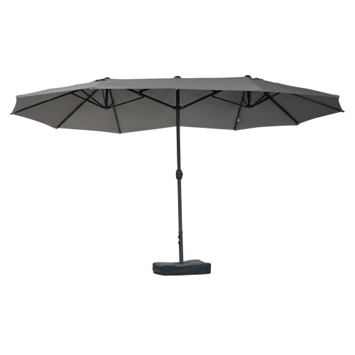 Outsunny 15' Outdoor Patio Umbrella with Twin Canopy Sunshade Steel Table Umbrella with Lift Crank, Cross base, Sandbag, Dark Grey