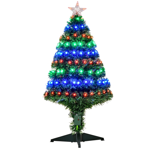 HOMCOM – Arbre de Noël artificiel illuminé 3FT avec lumières DEL et fibres optiques, décoration de Noël, vert