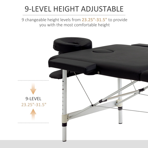 Table de massage pliable de 83&nbsp;po à 2 sections Salon professionnel SPA Lit taupé noir avec sac de transport de HOMCOM