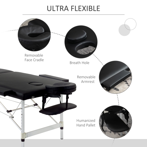 Table de massage pliable de 83&nbsp;po à 2 sections Salon professionnel SPA Lit taupé noir avec sac de transport de HOMCOM