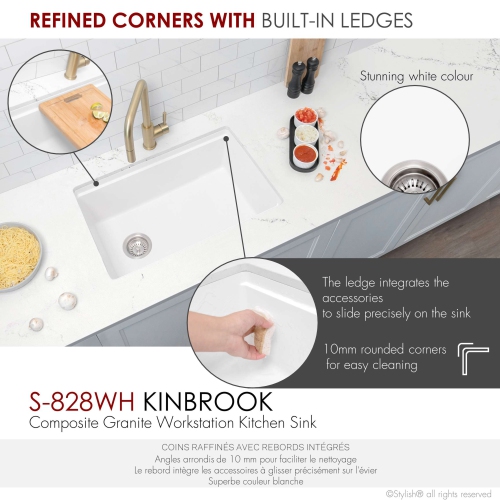 STYLISH Dual Mount 28" Workstation Single-Bowl Composite Granite Kitchen Sink with Built in Accessories in White S-828WH