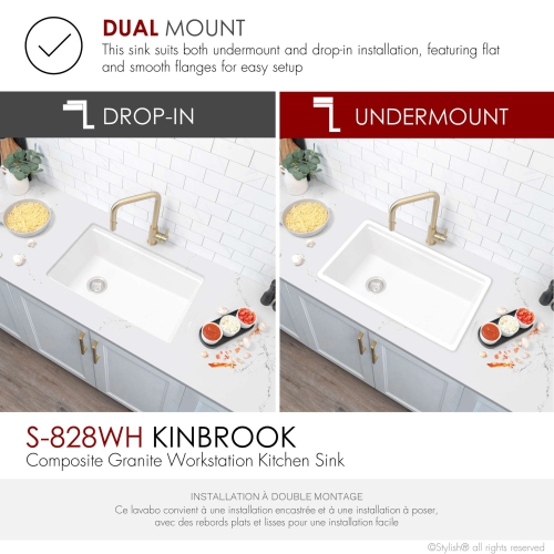 STYLISH Dual Mount 28" Workstation Single-Bowl Composite Granite Kitchen Sink with Built in Accessories in White S-828WH