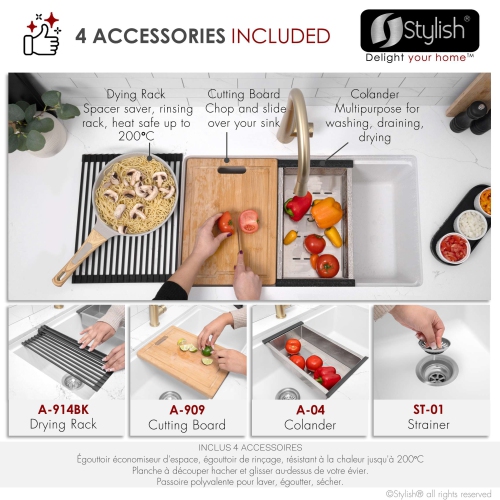 STYLISH Dual Mount 28" Workstation Single-Bowl Composite Granite Kitchen Sink with Built in Accessories in White S-828WH