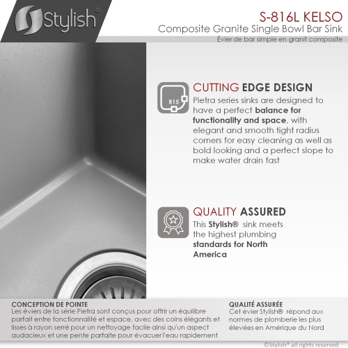 STYLISH 16 inch Dual Mount Single Bowl Gray Composite Granite Kitchen Sink with Strainer S-816L