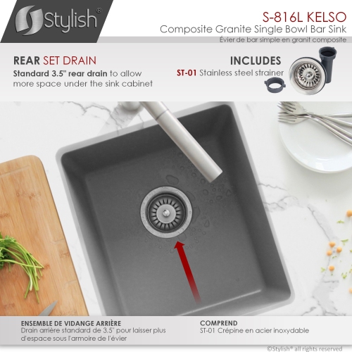 STYLISH 16 inch Dual Mount Single Bowl Gray Composite Granite Kitchen Sink with Strainer S-816L
