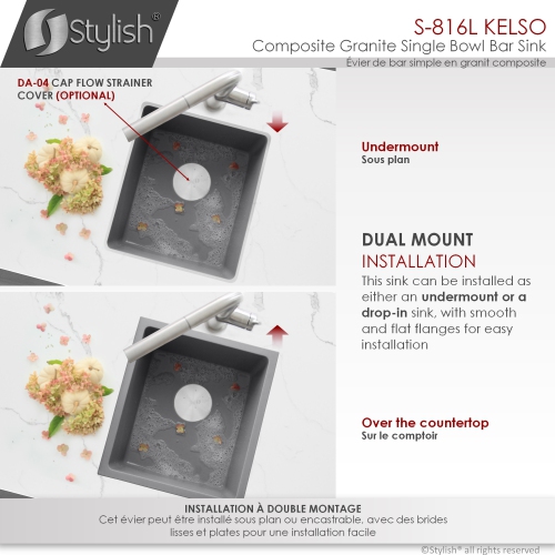 STYLISH 16 inch Dual Mount Single Bowl Gray Composite Granite Kitchen Sink with Strainer S-816L