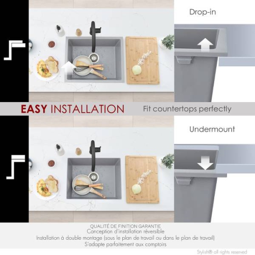 Élégant évier de cuisine de 22 po en granite composite gris à double support avec passoire S-822 L
