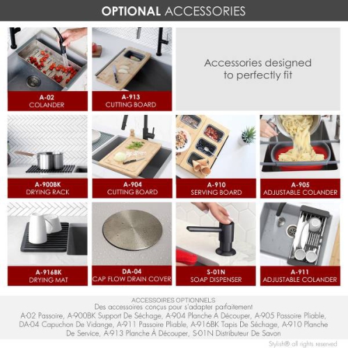 Élégant évier de cuisine de 22 po en granite composite gris à double support avec passoire S-822 L