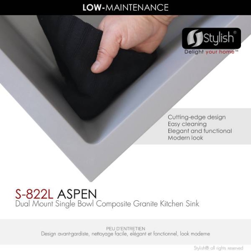 Élégant évier de cuisine de 22 po en granite composite gris à double support avec passoire S-822 L