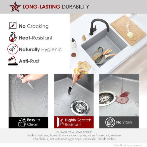 Élégant évier de cuisine de 22 po en granite composite gris à double support avec passoire S-822 L