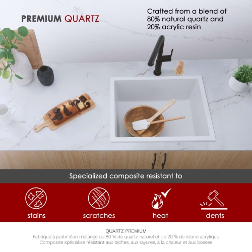ÉLÉGANT évier de cuisine de 22 po en granite composite blanc à deux cuvettes avec passoire S-822H