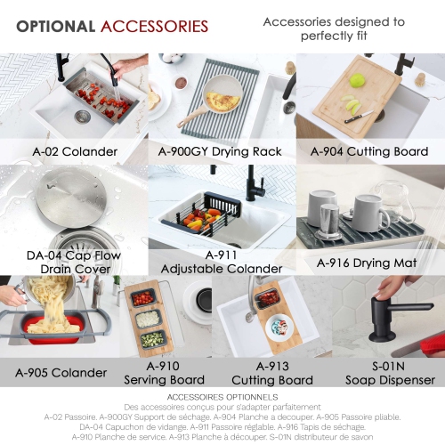 ÉLÉGANT évier de cuisine de 22 po en granite composite blanc à deux cuvettes avec passoire S-822H