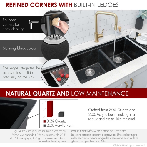 STYLISH Banff Dual Mount 33" Workstation Double-Bowl Black Composite Granite Kitchen Sink with Built in Accessories S-833WN