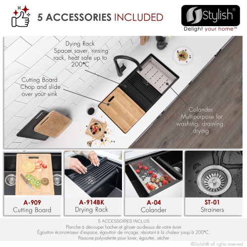 STYLISH Banff Dual Mount 33" Workstation Double-Bowl Black Composite Granite Kitchen Sink with Built in Accessories S-833WN