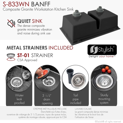 STYLISH Banff Dual Mount 33" Workstation Double-Bowl Black Composite Granite Kitchen Sink with Built in Accessories S-833WN