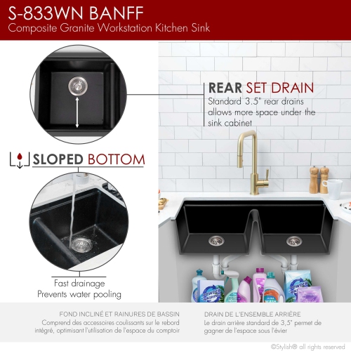 STYLISH Banff Dual Mount 33" Workstation Double-Bowl Black Composite Granite Kitchen Sink with Built in Accessories S-833WN