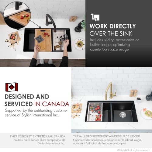 STYLISH Banff Dual Mount 33" Workstation Double-Bowl Black Composite Granite Kitchen Sink with Built in Accessories S-833WN