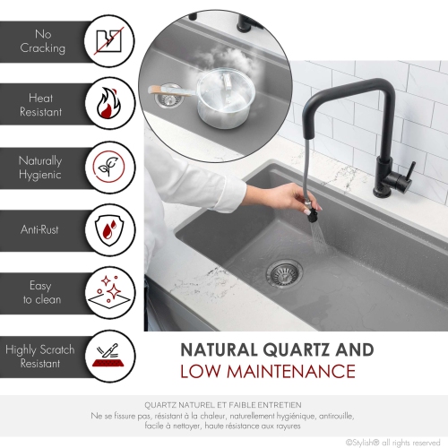 ÉLÉGANT évier de cuisine en granite composite gris à un bol Dualmount de 32 po avec accessoires intégrés S-832WL