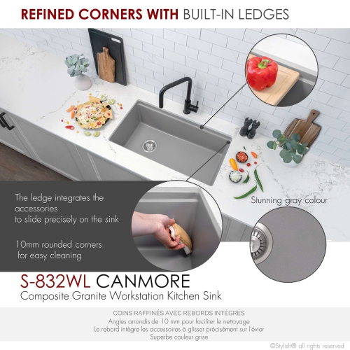 ÉLÉGANT évier de cuisine en granite composite gris à un bol Dualmount de 32 po avec accessoires intégrés S-832WL