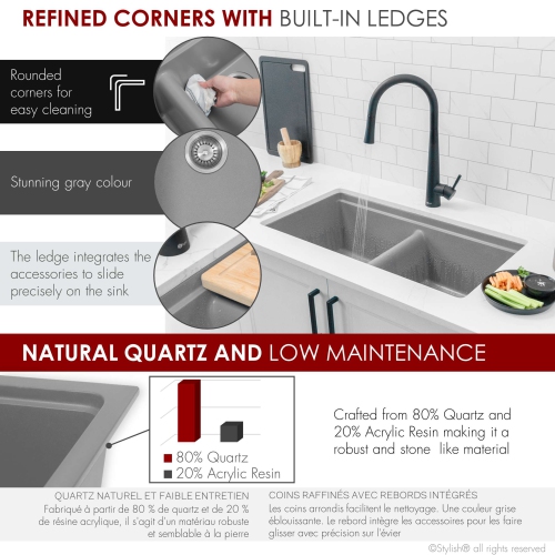 STYLISH Banff Dual Mount 33" Workstation Double-Bowl Gray Composite Granite Kitchen Sink with Built in Accessories S-833WL