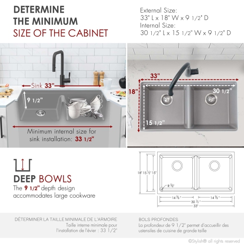 STYLISH Banff Dual Mount 33" Workstation Double-Bowl Gray Composite Granite Kitchen Sink with Built in Accessories S-833WL