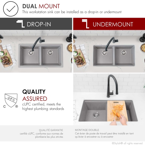 STYLISH Banff Dual Mount 33" Workstation Double-Bowl Gray Composite Granite Kitchen Sink with Built in Accessories S-833WL