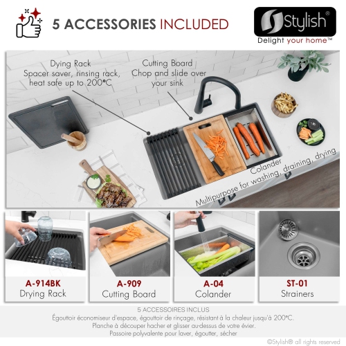 STYLISH Banff Dual Mount 33" Workstation Double-Bowl Gray Composite Granite Kitchen Sink with Built in Accessories S-833WL