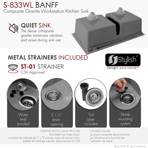 STYLISH Banff Dual Mount 33" Workstation Double-Bowl Gray Composite Granite Kitchen Sink with Built in Accessories S-833WL