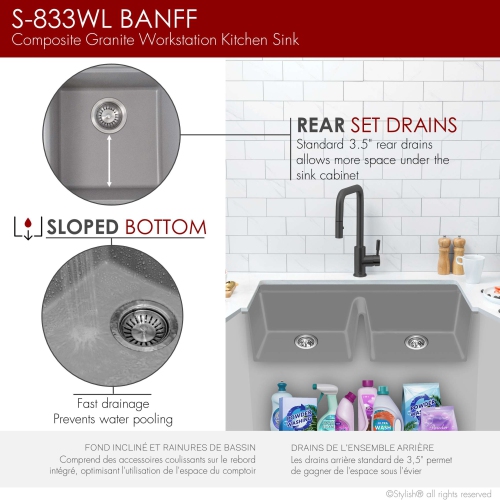 STYLISH Banff Dual Mount 33" Workstation Double-Bowl Gray Composite Granite Kitchen Sink with Built in Accessories S-833WL