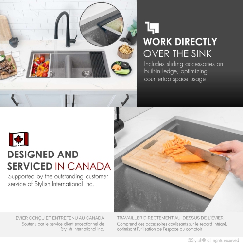 STYLISH Banff Dual Mount 33" Workstation Double-Bowl Gray Composite Granite Kitchen Sink with Built in Accessories S-833WL