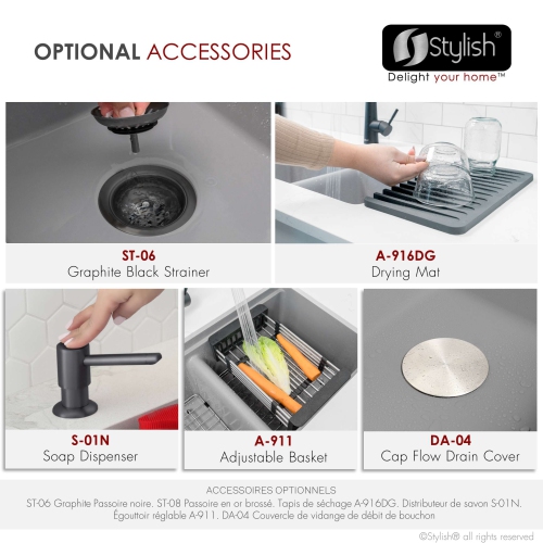 STYLISH Banff Dual Mount 33" Workstation Double-Bowl Gray Composite Granite Kitchen Sink with Built in Accessories S-833WL