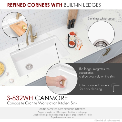 STYLISH Dualmount 32" Workstation Single-Bowl White Composite Granite Kitchen Sink with Built in Accessories S-832WH