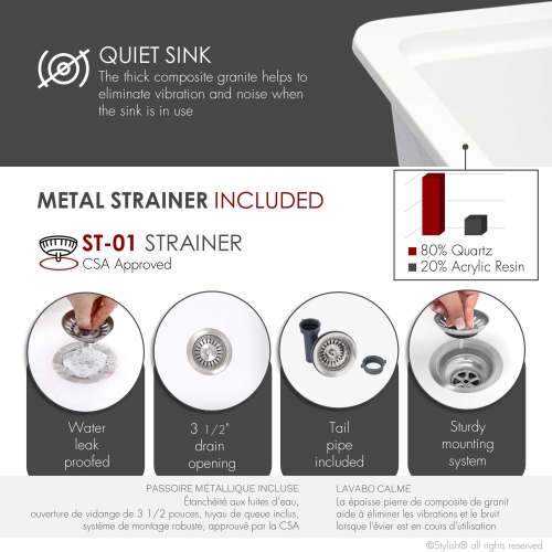 STYLISH Dualmount 32" Workstation Single-Bowl White Composite Granite Kitchen Sink with Built in Accessories S-832WH