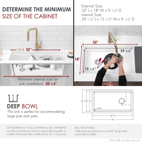 STYLISH Dualmount 32" Workstation Single-Bowl White Composite Granite Kitchen Sink with Built in Accessories S-832WH