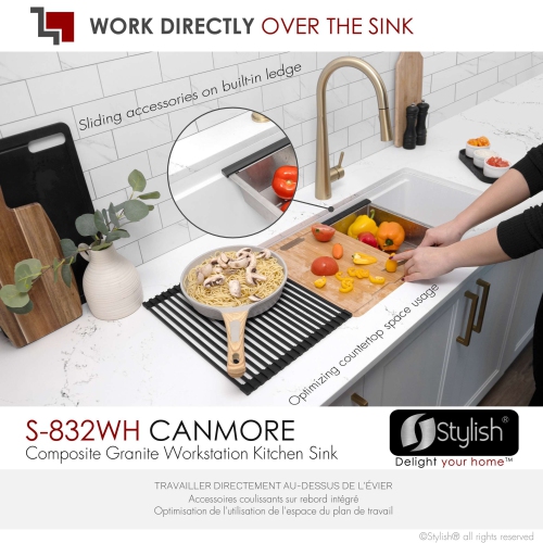 STYLISH Dualmount 32" Workstation Single-Bowl White Composite Granite Kitchen Sink with Built in Accessories S-832WH