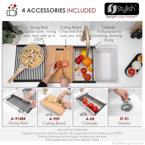 STYLISH Dualmount 32" Workstation Single-Bowl White Composite Granite Kitchen Sink with Built in Accessories S-832WH