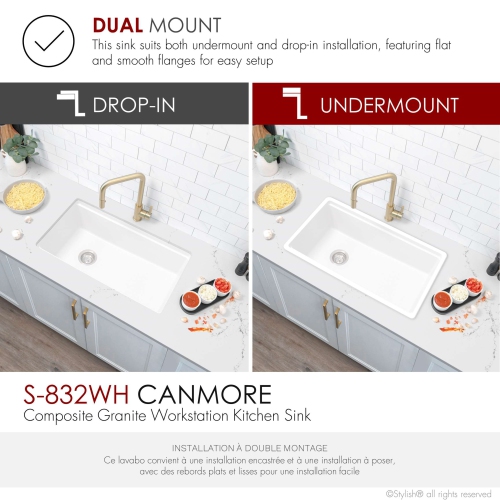 STYLISH Dualmount 32" Workstation Single-Bowl White Composite Granite Kitchen Sink with Built in Accessories S-832WH