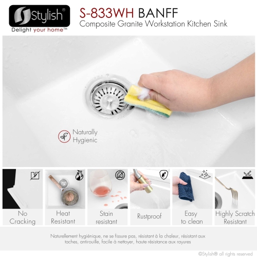 STYLISH Banff Dual Mount 33" Workstation Double-Bowl White Composite Granite Kitchen Sink with Built in Accessories S-833WH