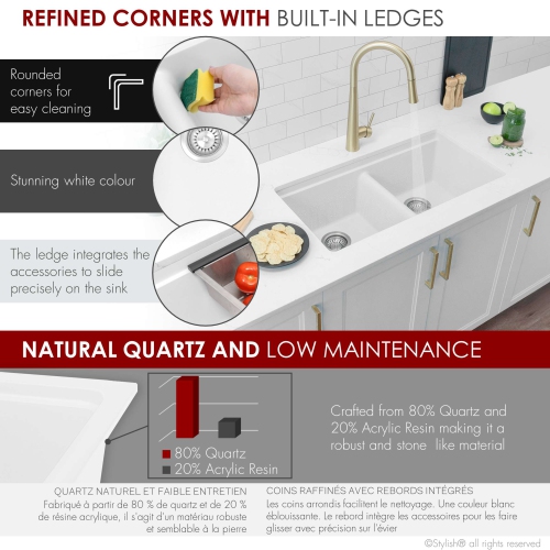 STYLISH Banff Dual Mount 33" Workstation Double-Bowl White Composite Granite Kitchen Sink with Built in Accessories S-833WH