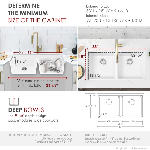 STYLISH Banff Dual Mount 33" Workstation Double-Bowl White Composite Granite Kitchen Sink with Built in Accessories S-833WH