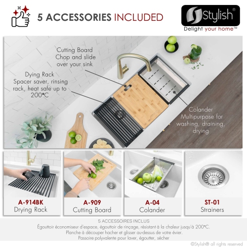 STYLISH Banff Dual Mount 33" Workstation Double-Bowl White Composite Granite Kitchen Sink with Built in Accessories S-833WH