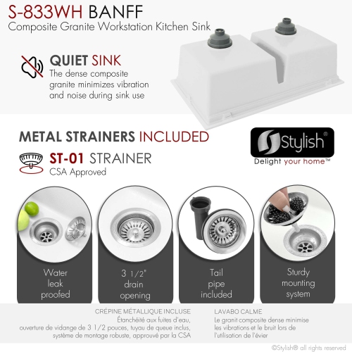 STYLISH Banff Dual Mount 33" Workstation Double-Bowl White Composite Granite Kitchen Sink with Built in Accessories S-833WH