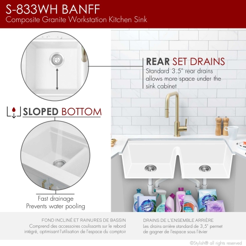 STYLISH Banff Dual Mount 33" Workstation Double-Bowl White Composite Granite Kitchen Sink with Built in Accessories S-833WH