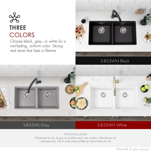 STYLISH Banff Dual Mount 33" Workstation Double-Bowl White Composite Granite Kitchen Sink with Built in Accessories S-833WH