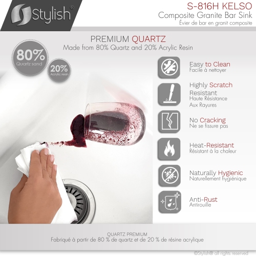 STYLISH 16 inch Dual Mount Single Bowl White Composite Granite Kitchen Sink with Strainer S-816H