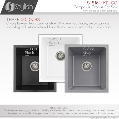 STYLISH 16 inch Dual Mount Single Bowl White Composite Granite Kitchen Sink with Strainer S-816H